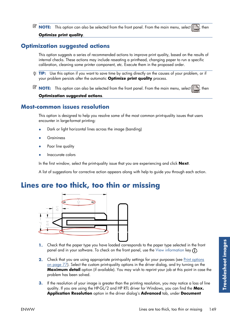 Optimization suggested actions, Most-common issues resolution, Lines are too thick, too thin or missing | HP Designjet T7100 Printer series User Manual | Page 157 / 217