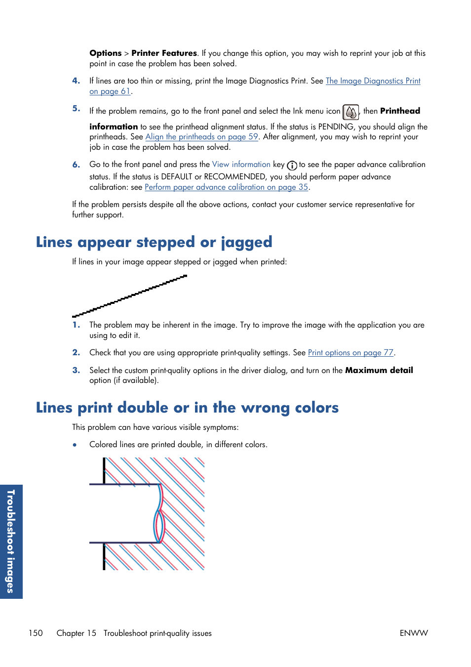 Lines appear stepped or jagged, Lines print double or in the wrong colors | HP Designjet T7100 Printer series User Manual | Page 158 / 217