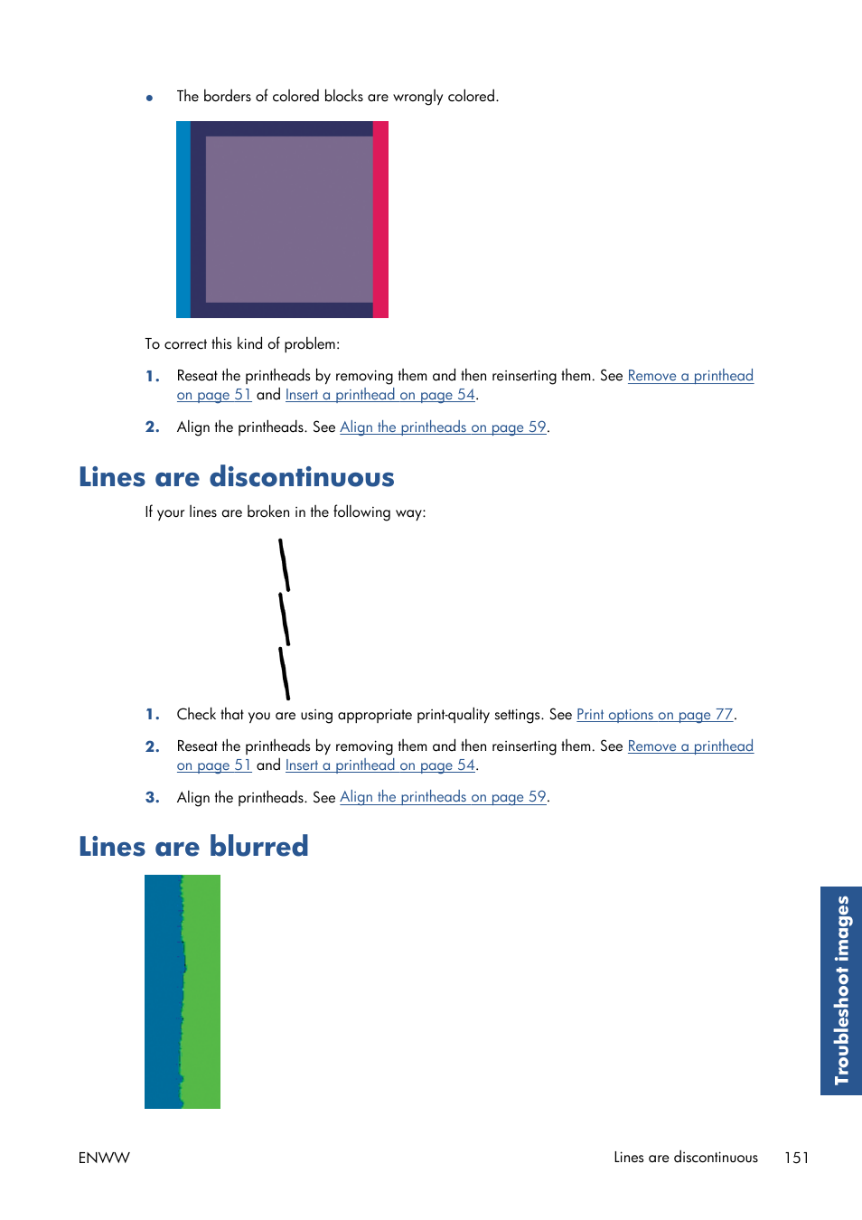 Lines are discontinuous, Lines are blurred, Lines are discontinuous lines are blurred | HP Designjet T7100 Printer series User Manual | Page 159 / 217