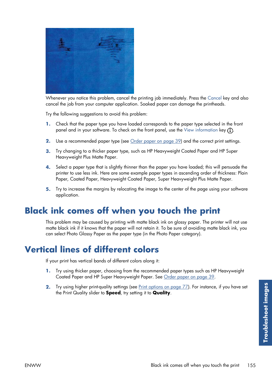 Black ink comes off when you touch the print, Vertical lines of different colors | HP Designjet T7100 Printer series User Manual | Page 163 / 217