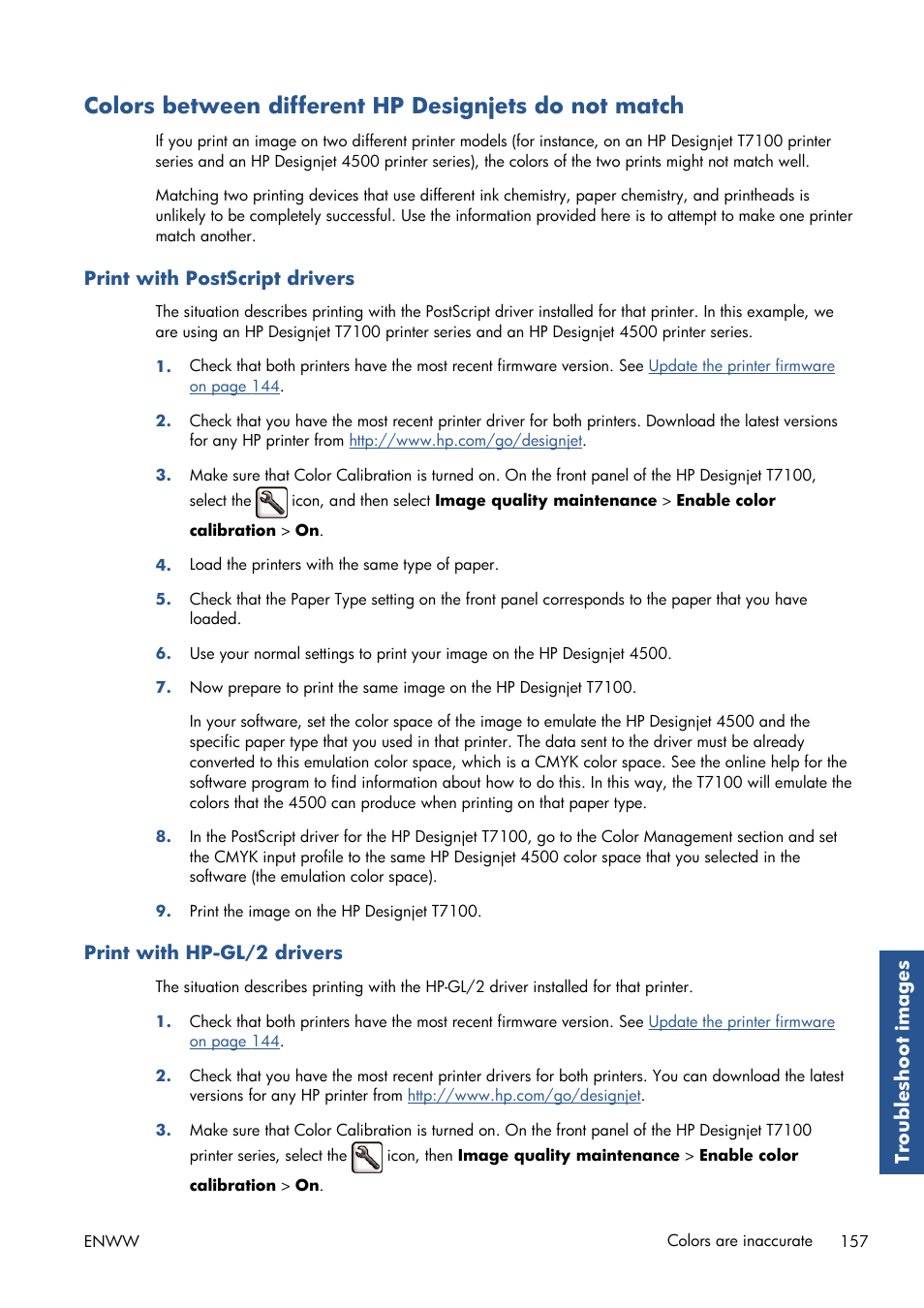 Print with postscript drivers, Print with hp-gl/2 drivers | HP Designjet T7100 Printer series User Manual | Page 165 / 217