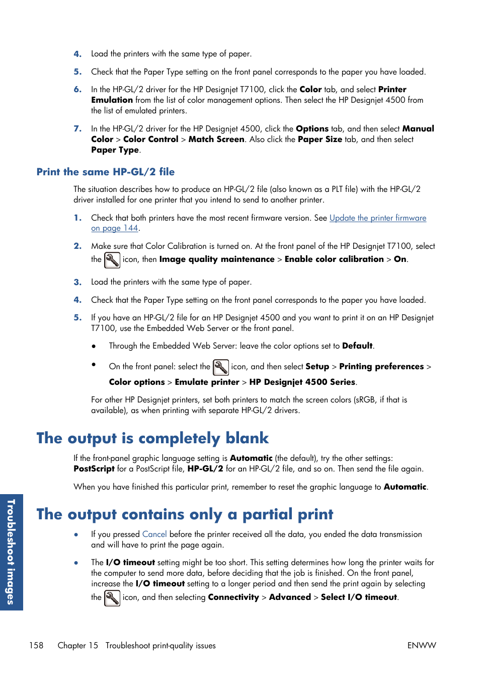 Print the same hp-gl/2 file, The output is completely blank, The output contains only a partial print | HP Designjet T7100 Printer series User Manual | Page 166 / 217