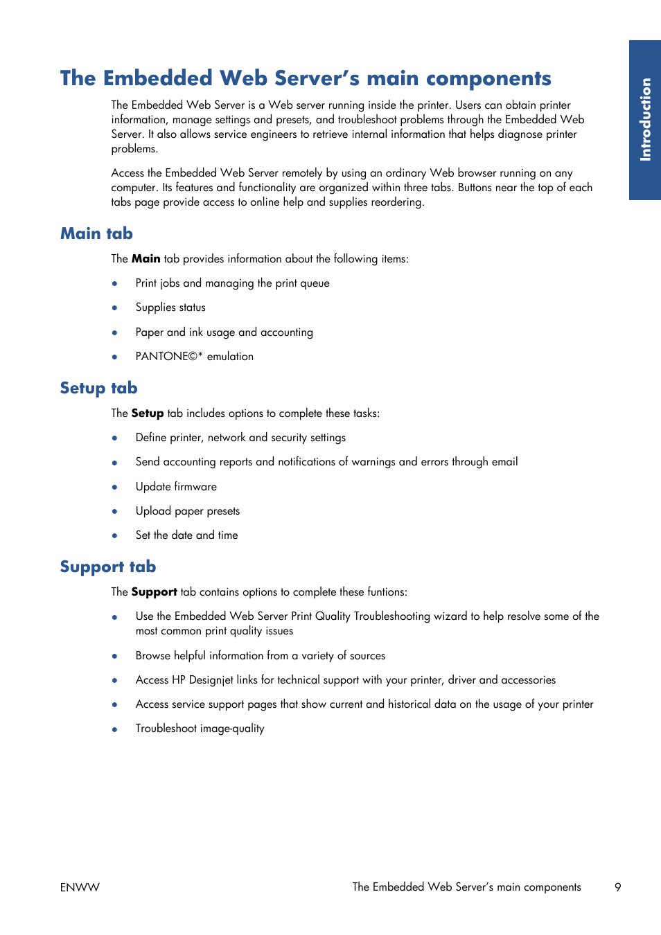 The embedded web server’s main components, Main tab, Setup tab | Support tab, The embedded web server’s, Ls and the printer status (see, The embedded web server’s main | HP Designjet T7100 Printer series User Manual | Page 17 / 217