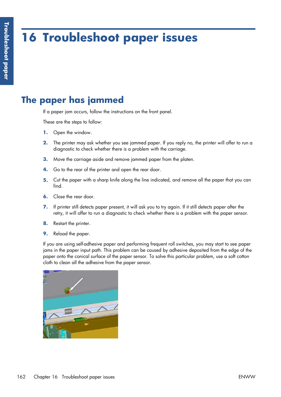 Troubleshoot paper issues, The paper has jammed, 16 troubleshoot paper issues | HP Designjet T7100 Printer series User Manual | Page 170 / 217