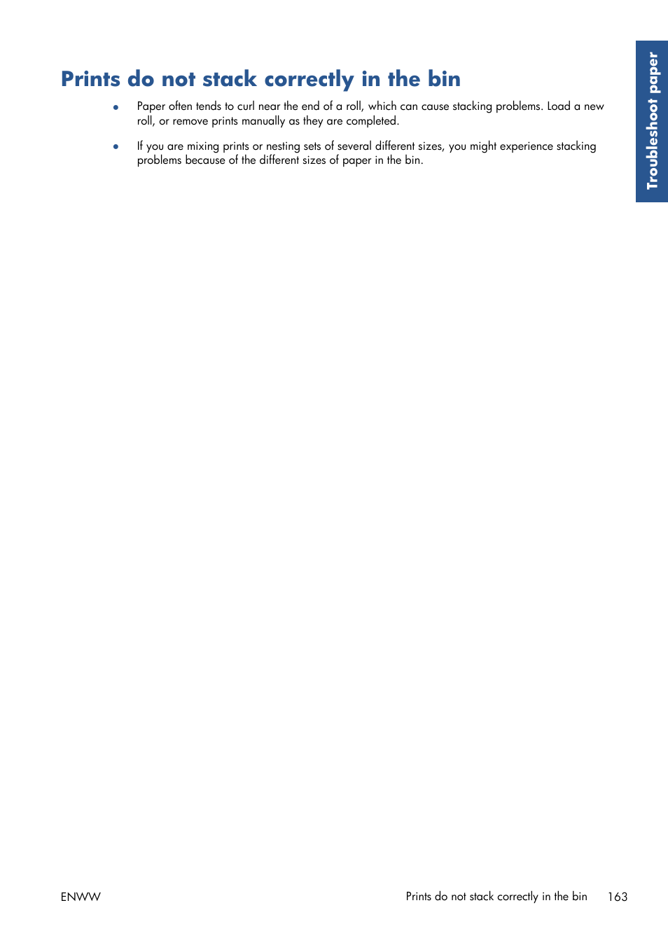 Prints do not stack correctly in the bin | HP Designjet T7100 Printer series User Manual | Page 171 / 217