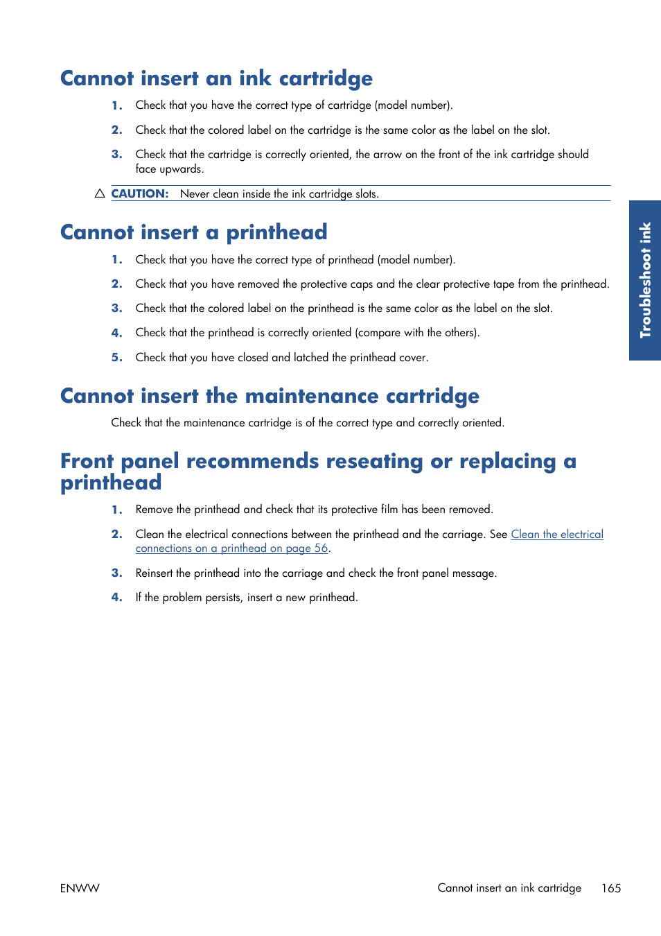 Cannot insert an ink cartridge, Cannot insert a printhead, Cannot insert the maintenance cartridge | HP Designjet T7100 Printer series User Manual | Page 173 / 217