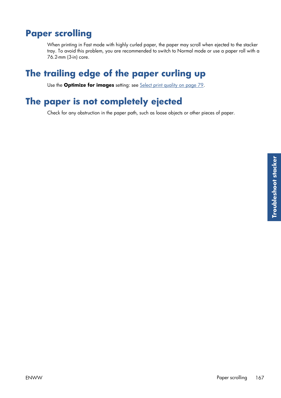 Paper scrolling, The trailing edge of the paper curling up, The paper is not completely ejected | HP Designjet T7100 Printer series User Manual | Page 175 / 217