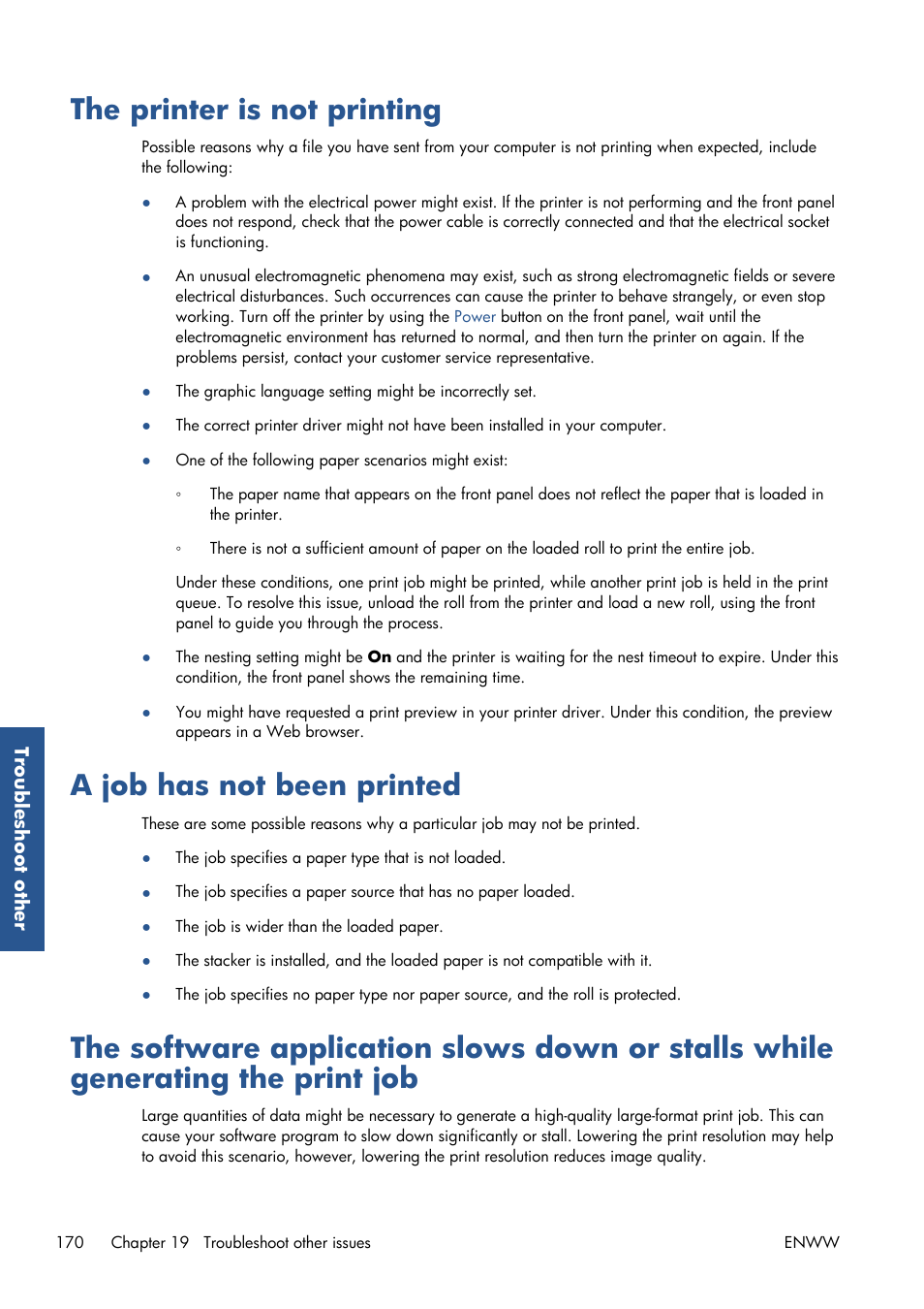 The printer is not printing, A job has not been printed | HP Designjet T7100 Printer series User Manual | Page 178 / 217