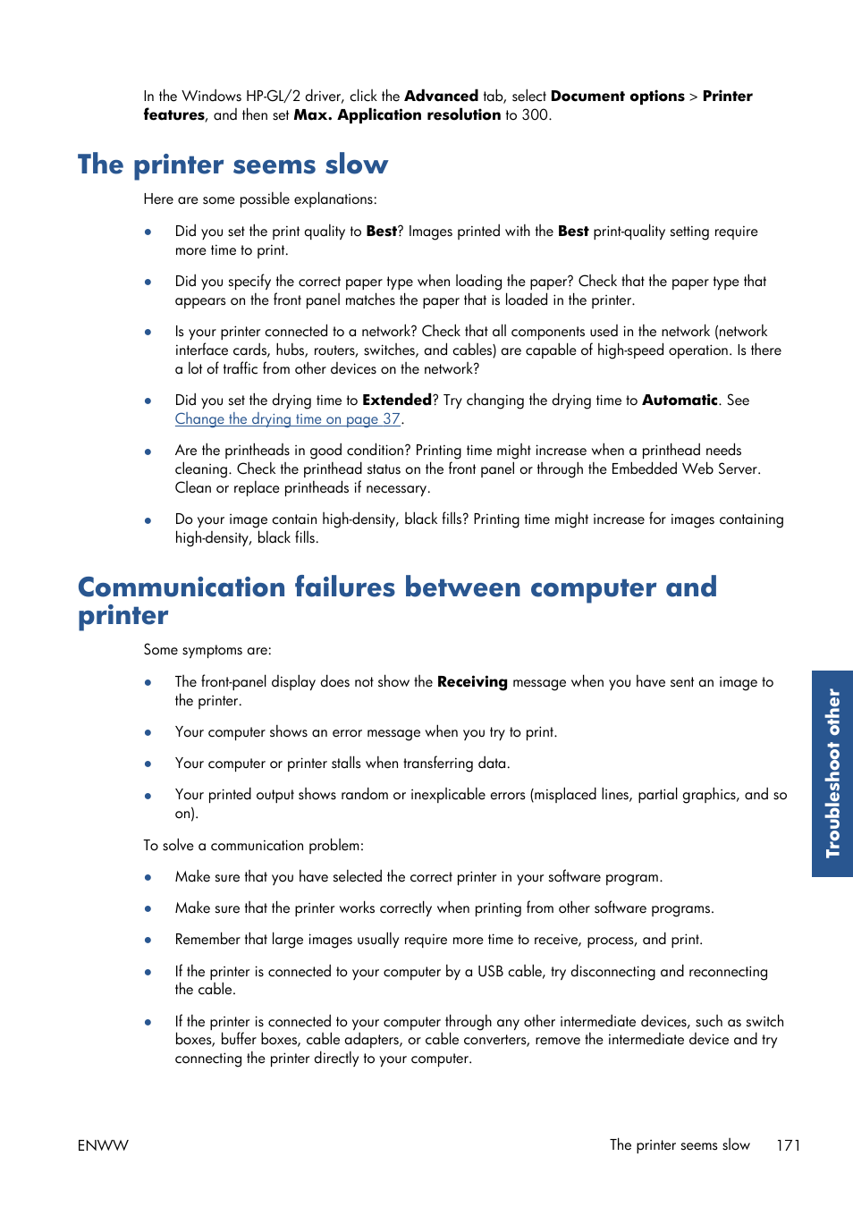 The printer seems slow | HP Designjet T7100 Printer series User Manual | Page 179 / 217