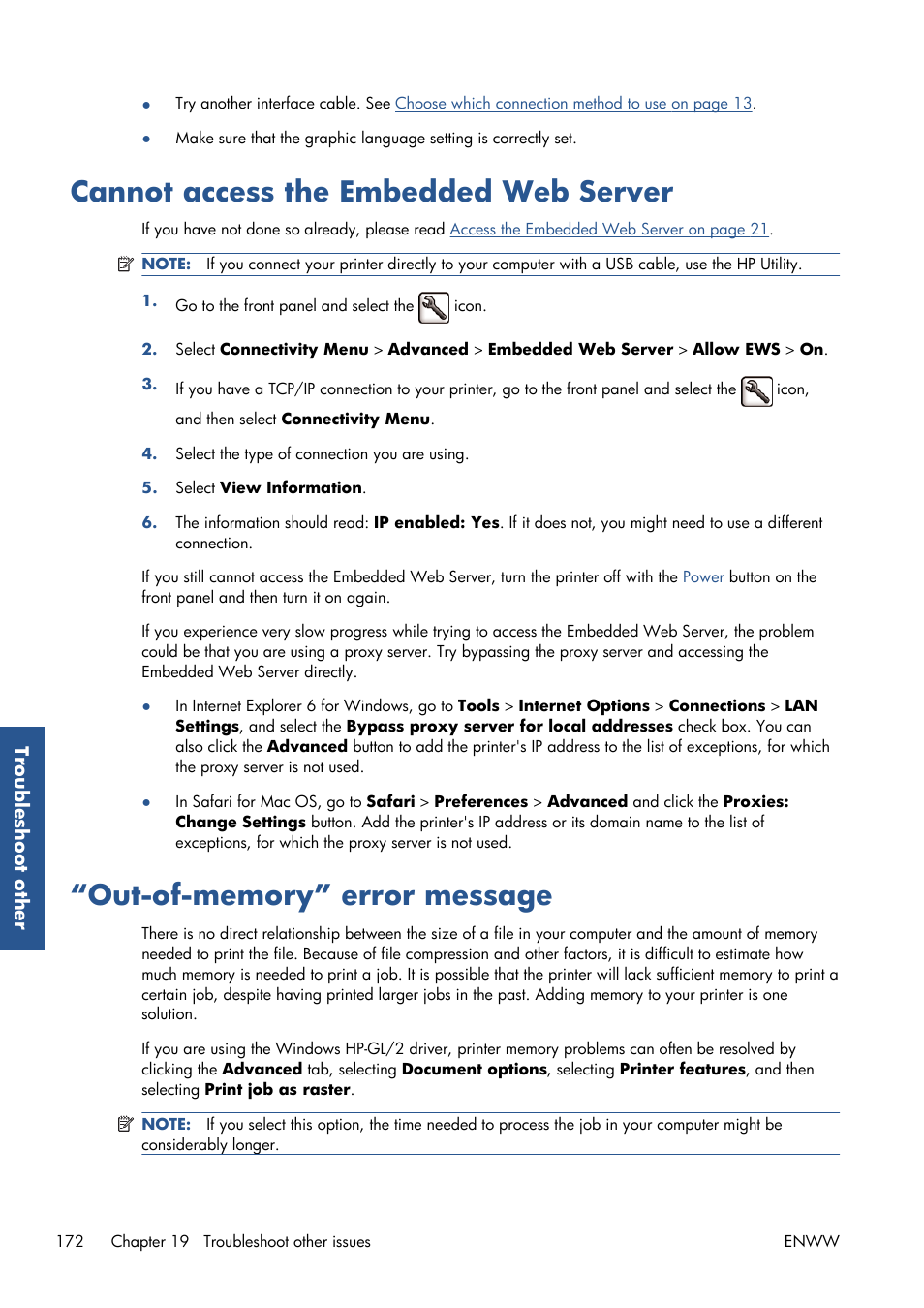 Cannot access the embedded web server, Out-of-memory” error message | HP Designjet T7100 Printer series User Manual | Page 180 / 217