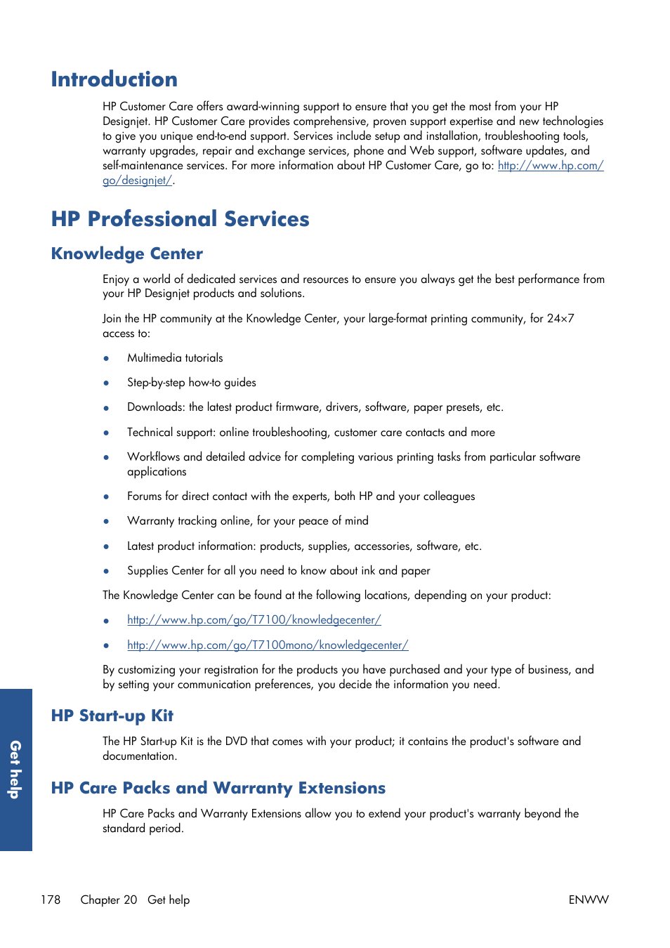 Introduction, Hp professional services, Knowledge center | Hp start-up kit, Hp care packs and warranty extensions, Introduction hp professional services | HP Designjet T7100 Printer series User Manual | Page 186 / 217