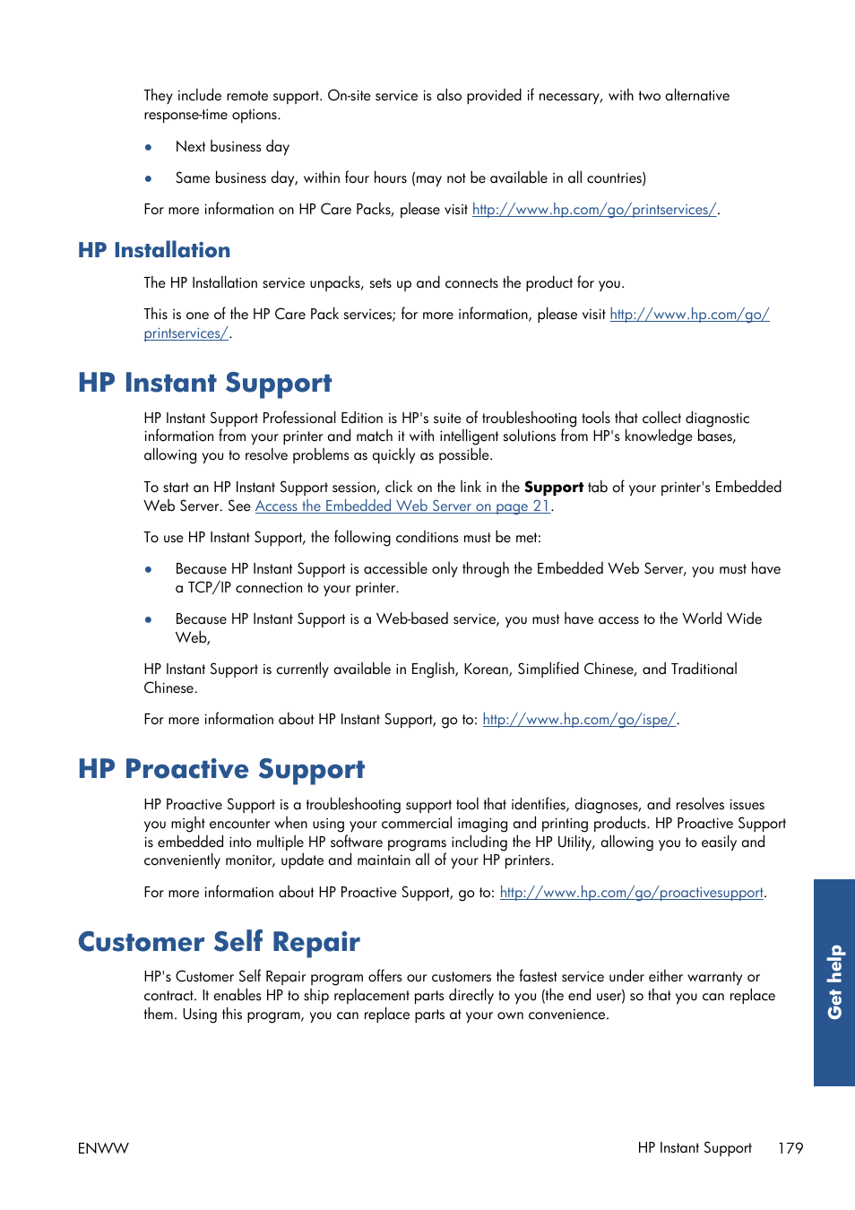 Hp installation, Hp instant support, Hp proactive support | Customer self repair, Customer self | HP Designjet T7100 Printer series User Manual | Page 187 / 217