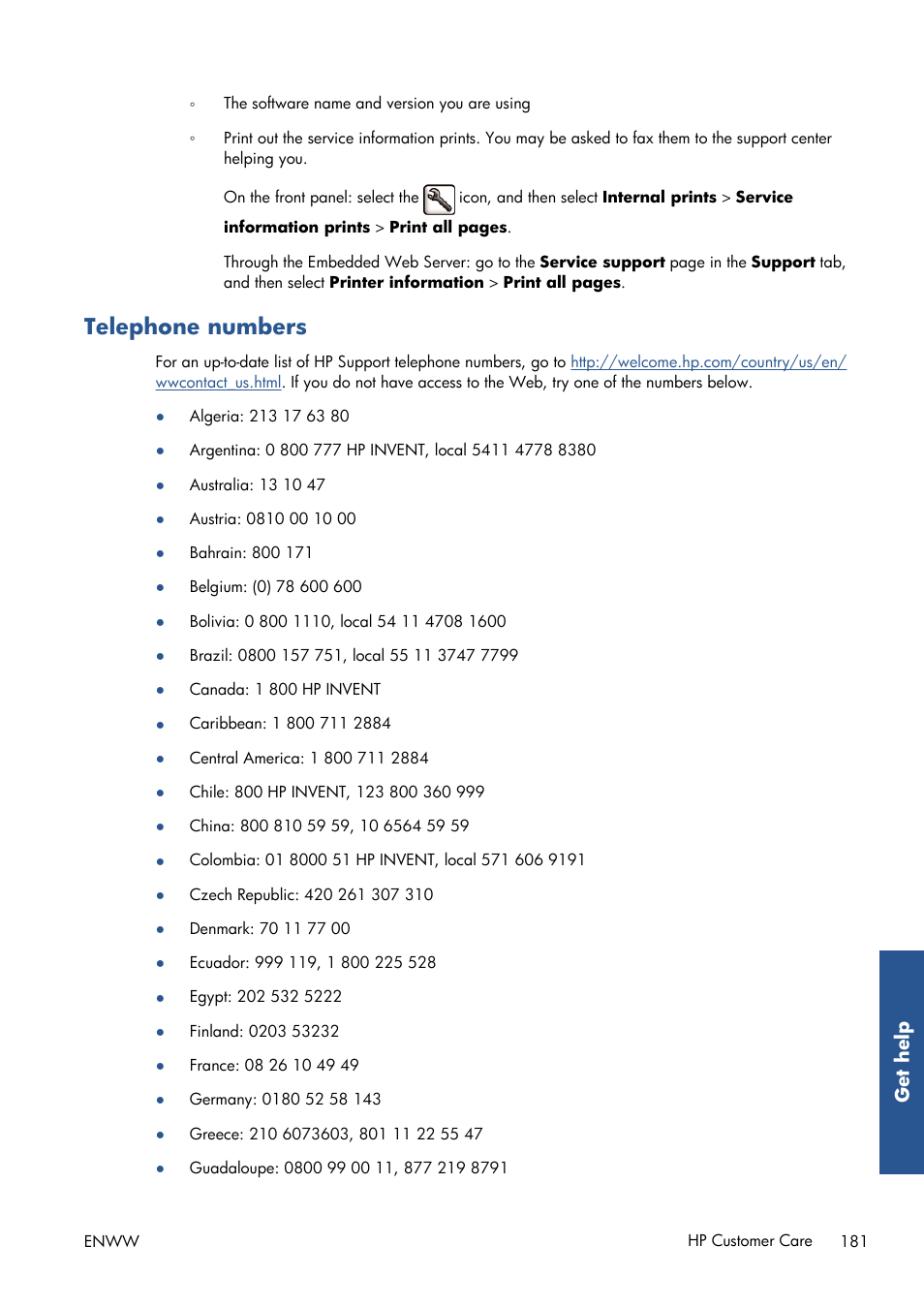 Telephone numbers | HP Designjet T7100 Printer series User Manual | Page 189 / 217