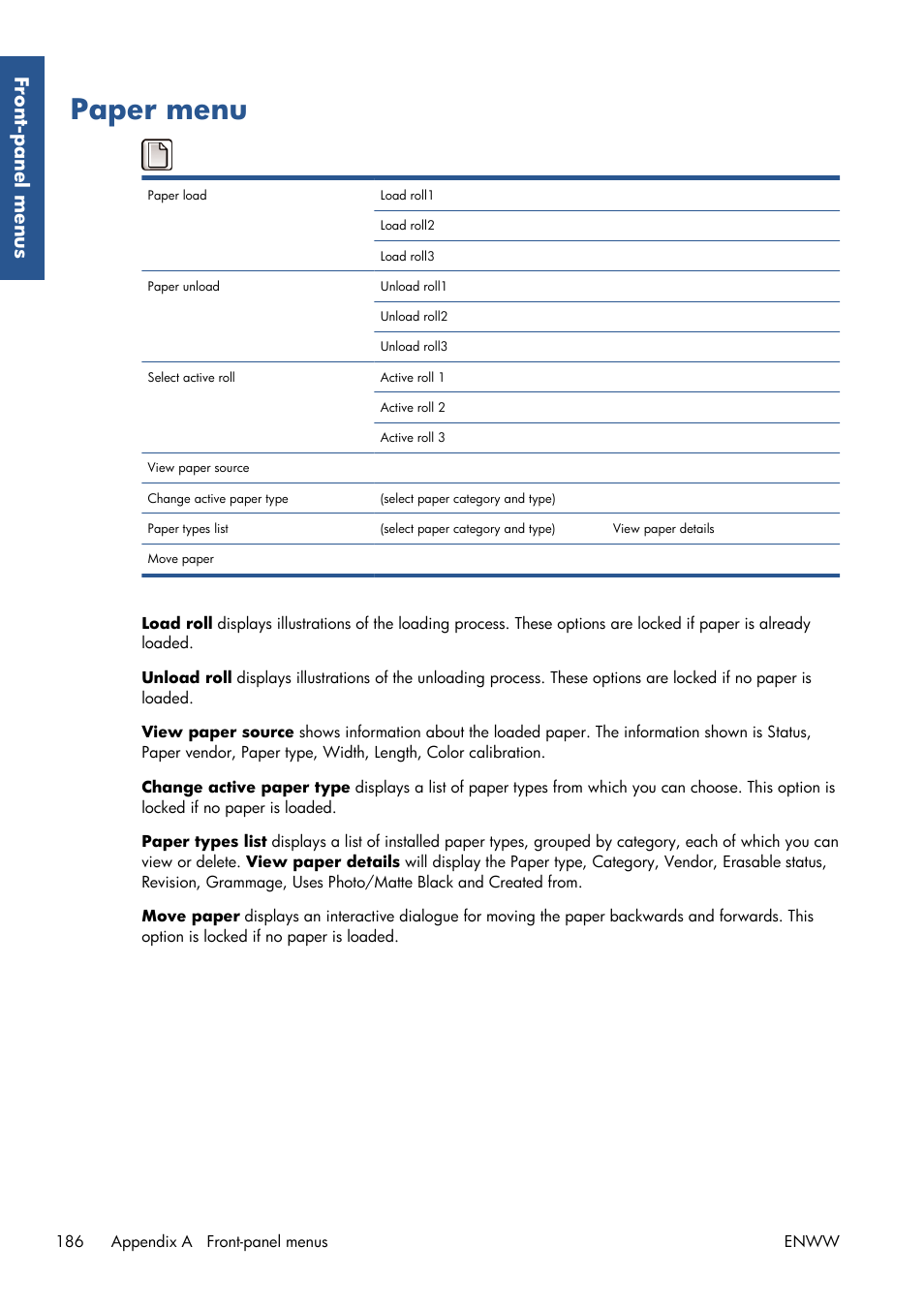 Paper menu, Front-panel men us | HP Designjet T7100 Printer series User Manual | Page 194 / 217