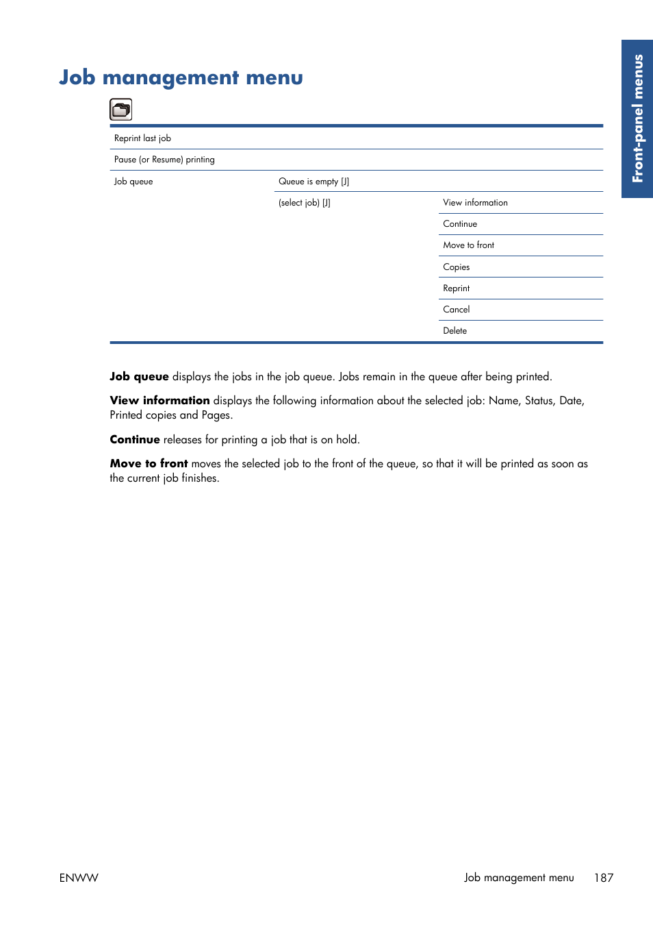 Job management menu, Front-panel men us | HP Designjet T7100 Printer series User Manual | Page 195 / 217