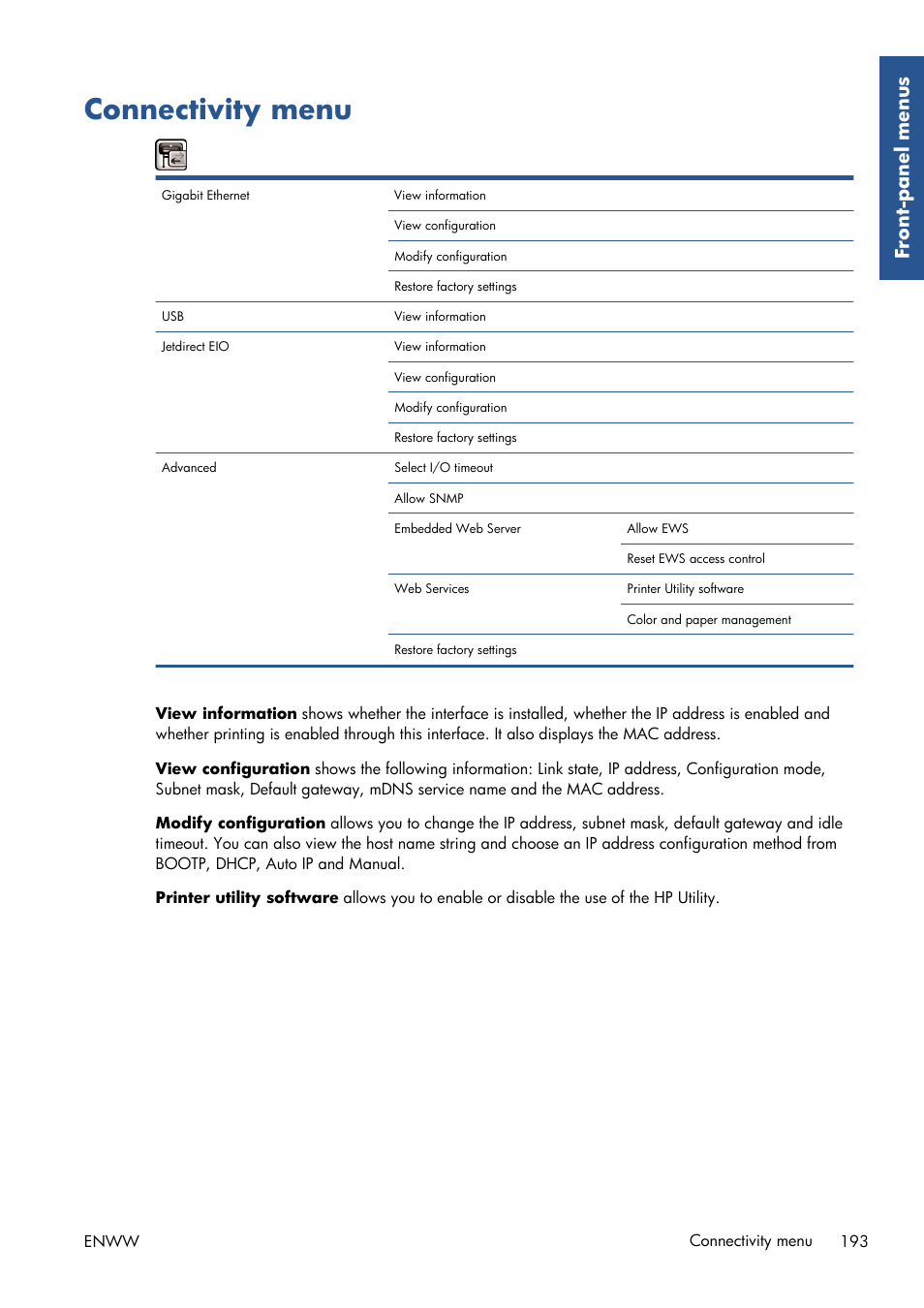 Connectivity menu, Front-panel men us | HP Designjet T7100 Printer series User Manual | Page 201 / 217