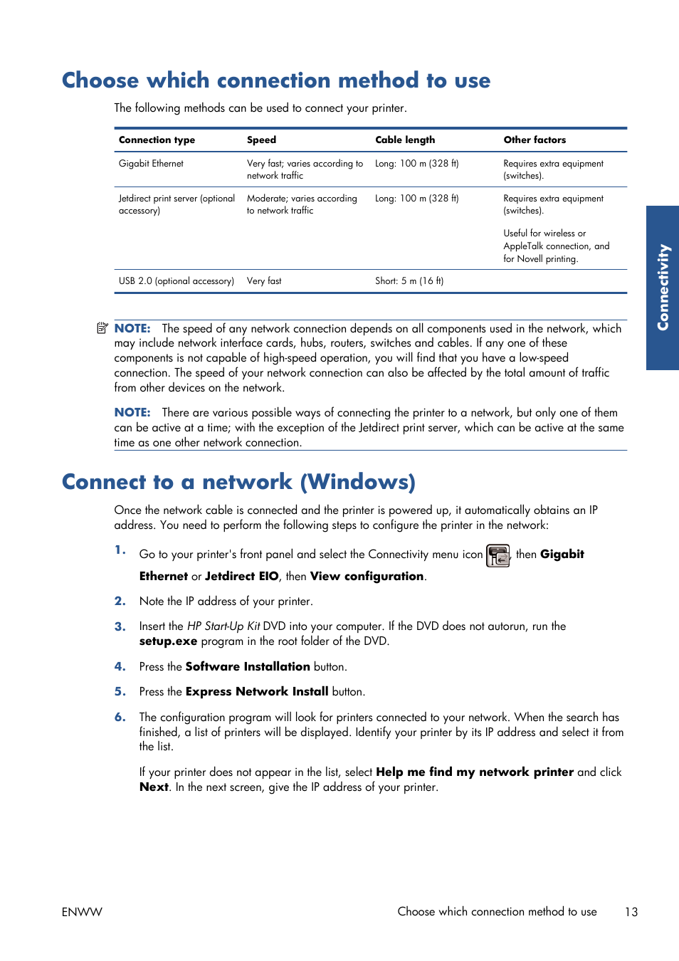 Choose which connection method to use, Connect to a network (windows), Connectivity | HP Designjet T7100 Printer series User Manual | Page 21 / 217