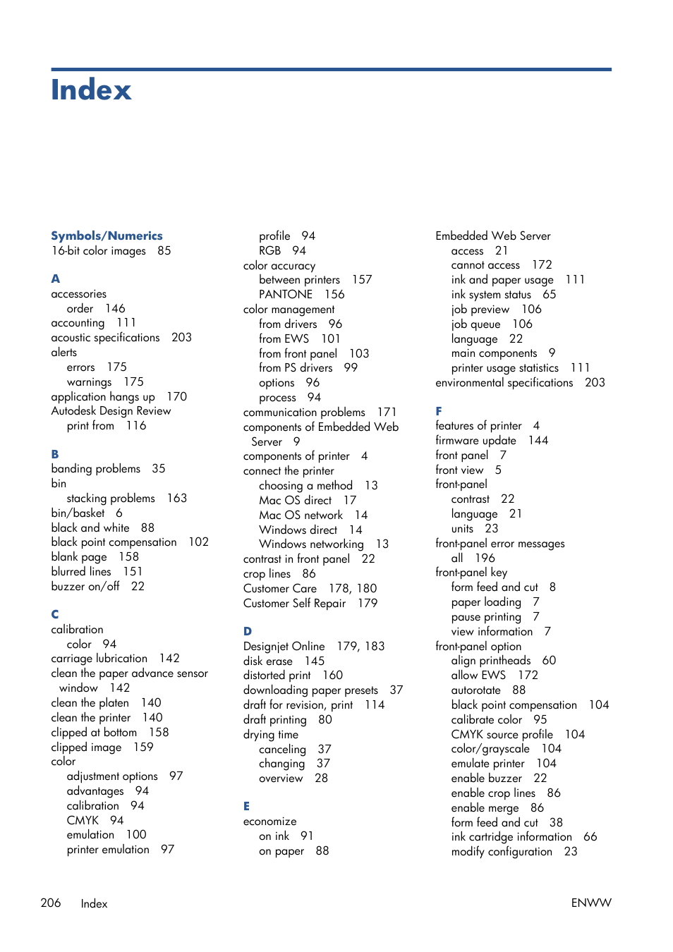 Index | HP Designjet T7100 Printer series User Manual | Page 214 / 217