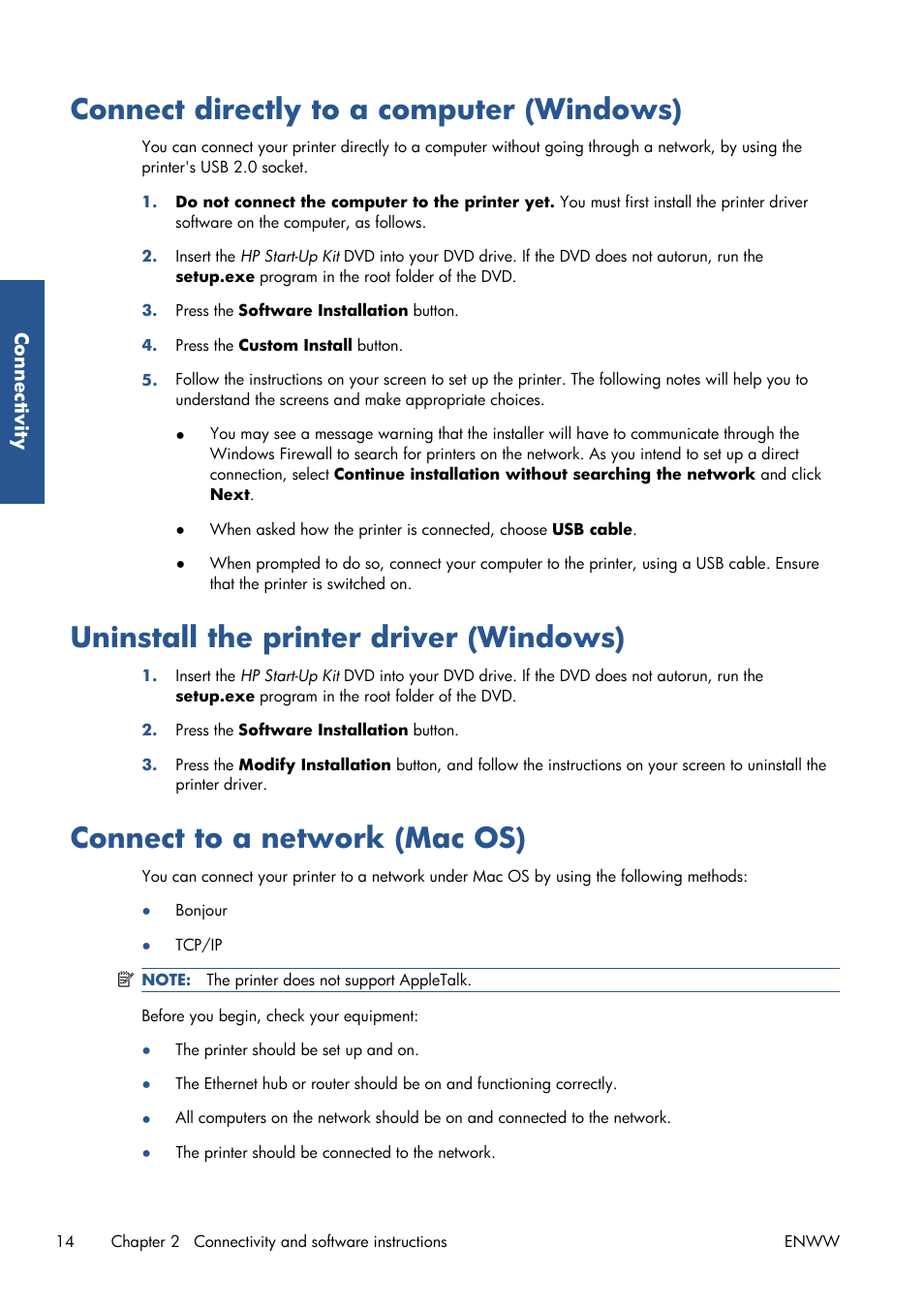 Connect directly to a computer (windows), Uninstall the printer driver (windows), Connect to a network (mac os) | HP Designjet T7100 Printer series User Manual | Page 22 / 217