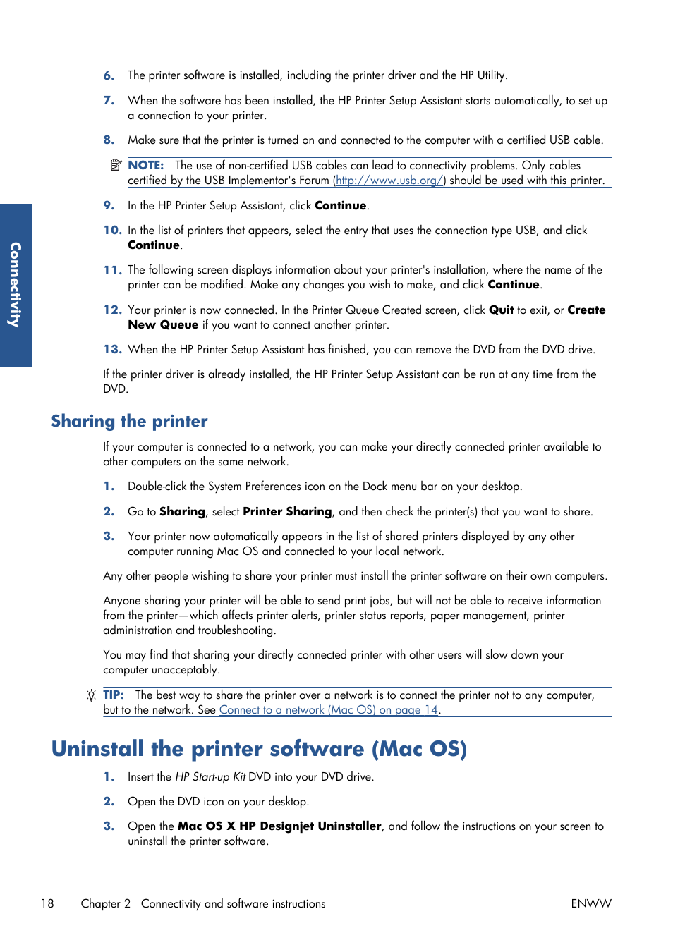 Sharing the printer, Uninstall the printer software (mac os) | HP Designjet T7100 Printer series User Manual | Page 26 / 217