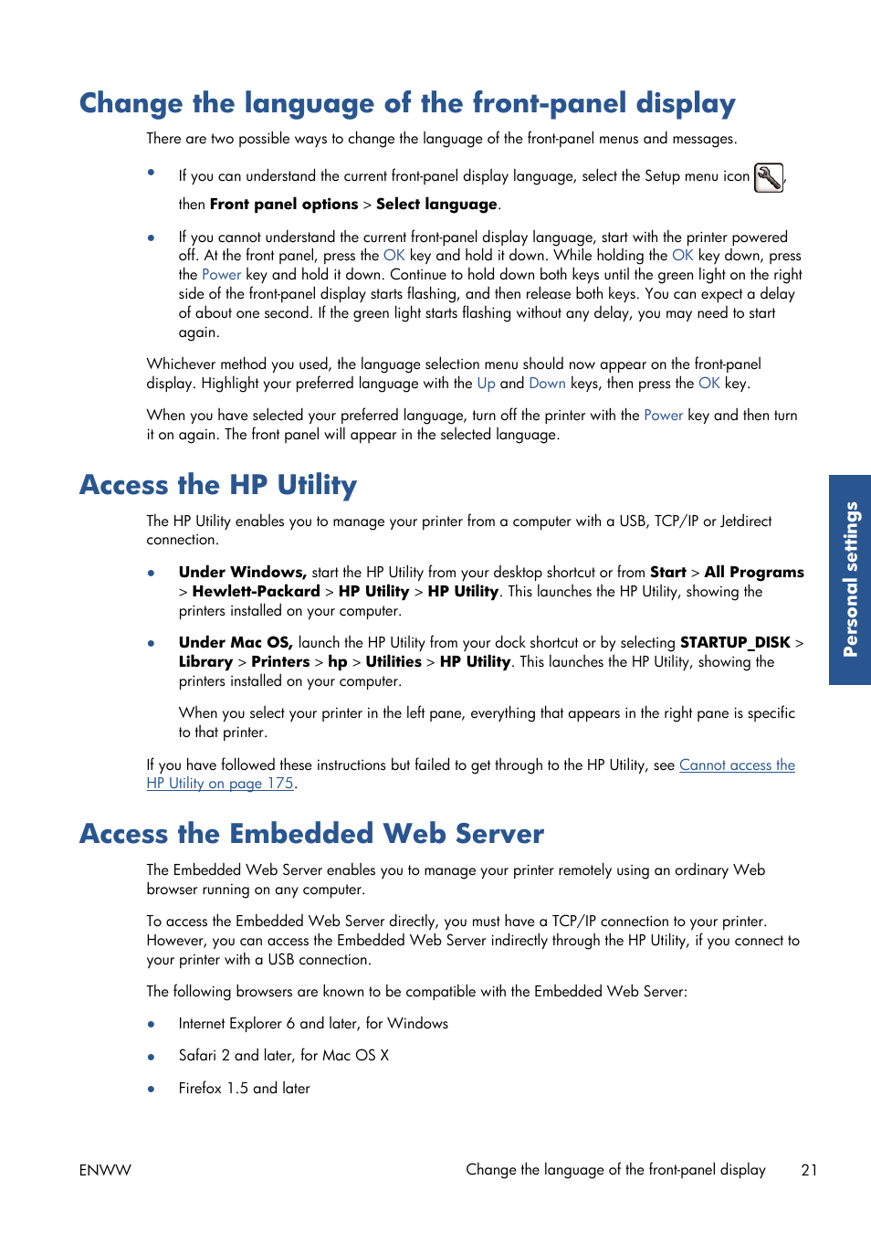 Change the language of the front-panel display, Access the hp utility, Access the embedded web server | HP Designjet T7100 Printer series User Manual | Page 29 / 217