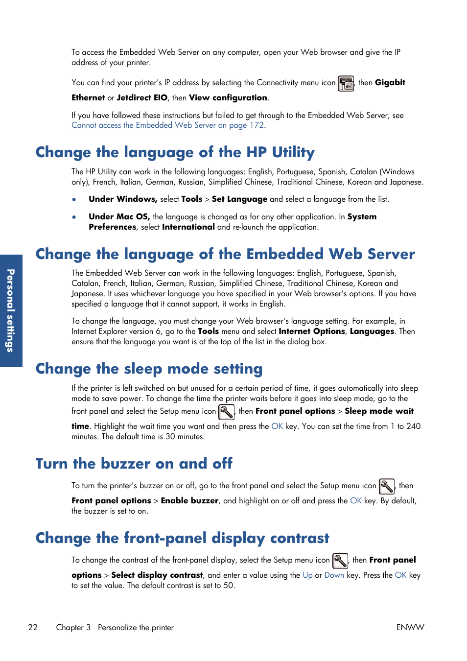 Change the language of the hp utility, Change the language of the embedded web server, Change the sleep mode setting | Turn the buzzer on and off, Change the front-panel display contrast | HP Designjet T7100 Printer series User Manual | Page 30 / 217