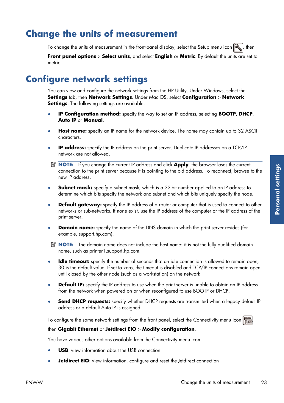 Change the units of measurement, Configure network settings | HP Designjet T7100 Printer series User Manual | Page 31 / 217