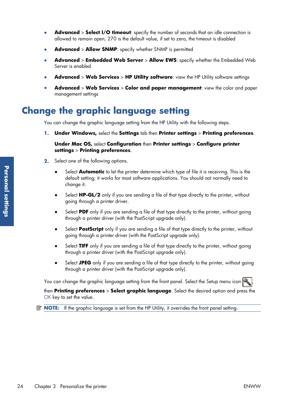 Change the graphic language setting | HP Designjet T7100 Printer series User Manual | Page 32 / 217