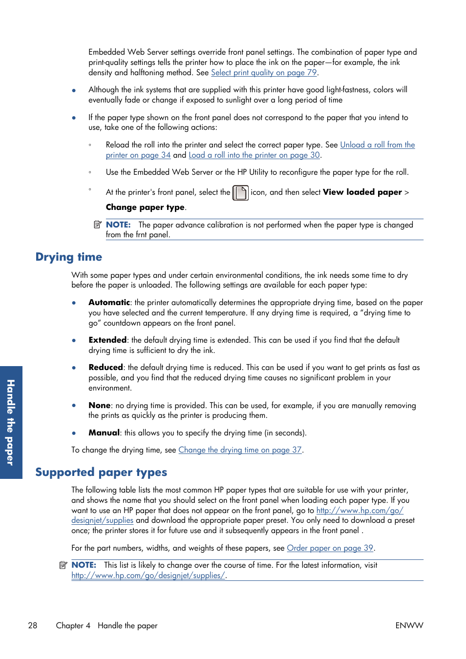 Drying time, Supported paper types | HP Designjet T7100 Printer series User Manual | Page 36 / 217