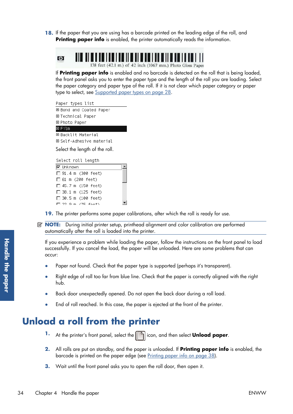 Unload a roll from the printer, Unload a roll from the | HP Designjet T7100 Printer series User Manual | Page 42 / 217