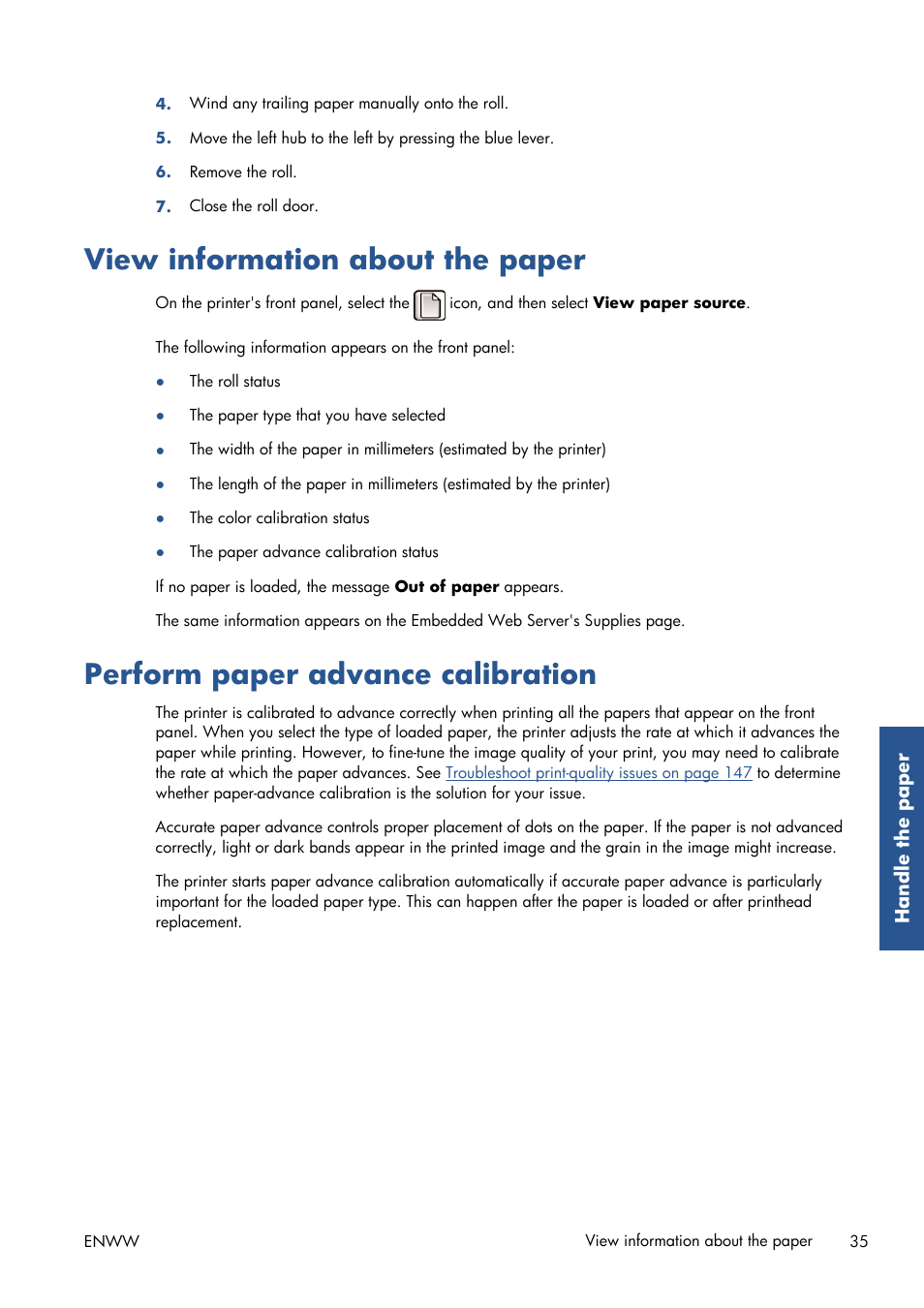 View information about the paper, Perform paper advance calibration | HP Designjet T7100 Printer series User Manual | Page 43 / 217