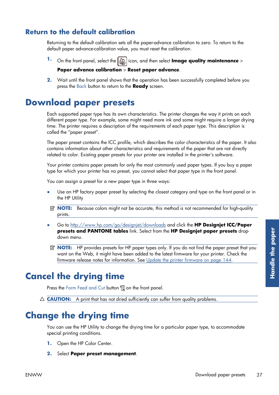 Return to the default calibration, Download paper presets, Cancel the drying time | Change the drying time, Download paper | HP Designjet T7100 Printer series User Manual | Page 45 / 217