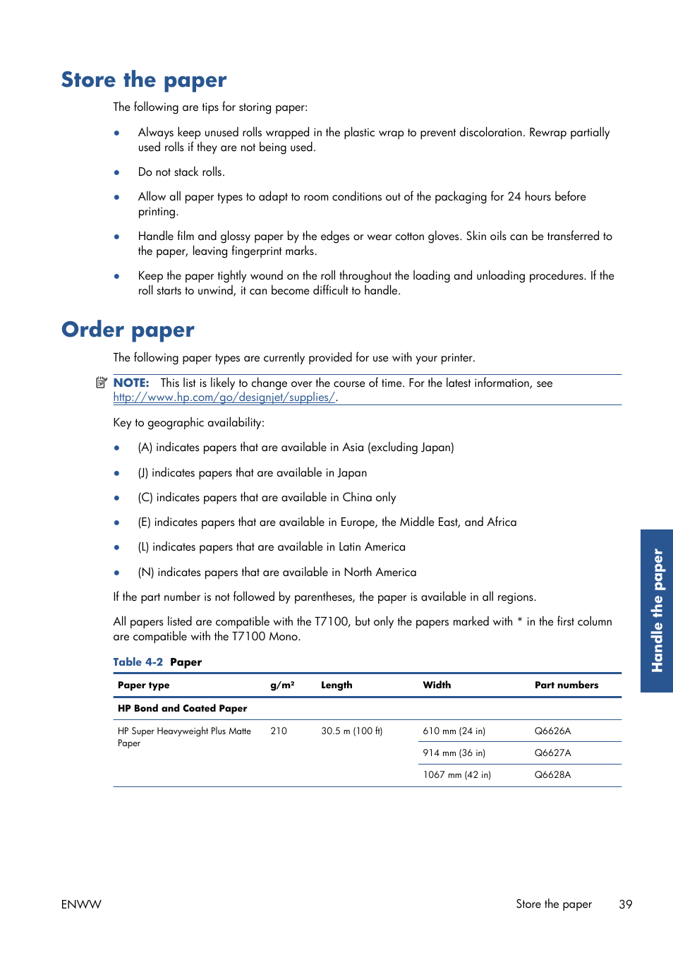 Store the paper, Order paper, Store the paper order paper | Handle the paper | HP Designjet T7100 Printer series User Manual | Page 47 / 217