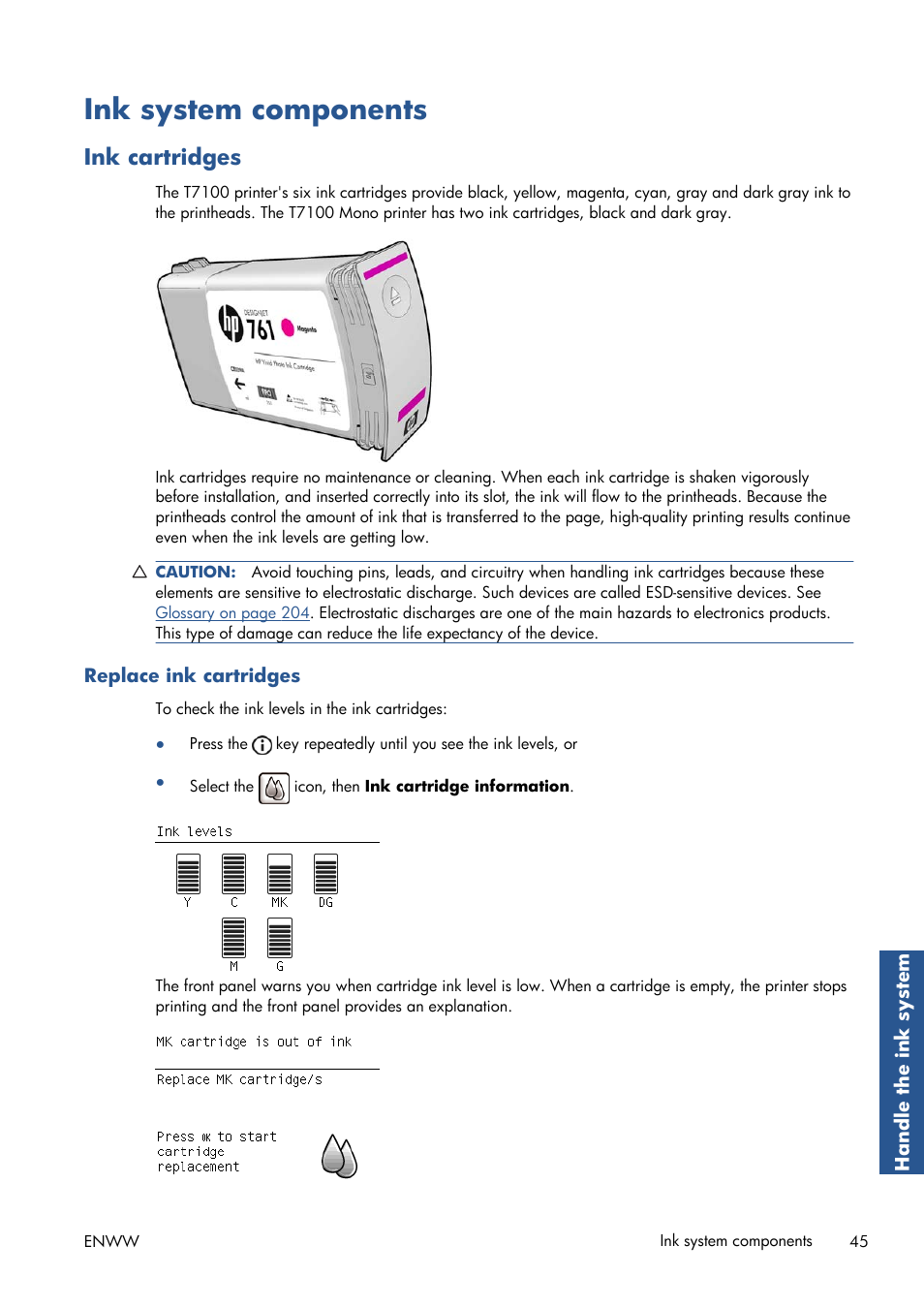 Ink system components, Ink cartridges, Replace ink cartridges | HP Designjet T7100 Printer series User Manual | Page 53 / 217