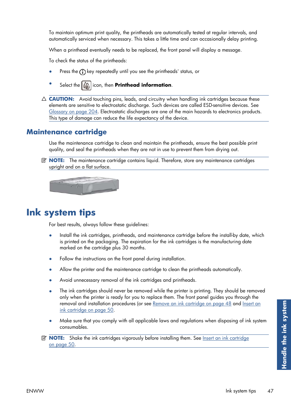 Maintenance cartridge, Ink system tips | HP Designjet T7100 Printer series User Manual | Page 55 / 217