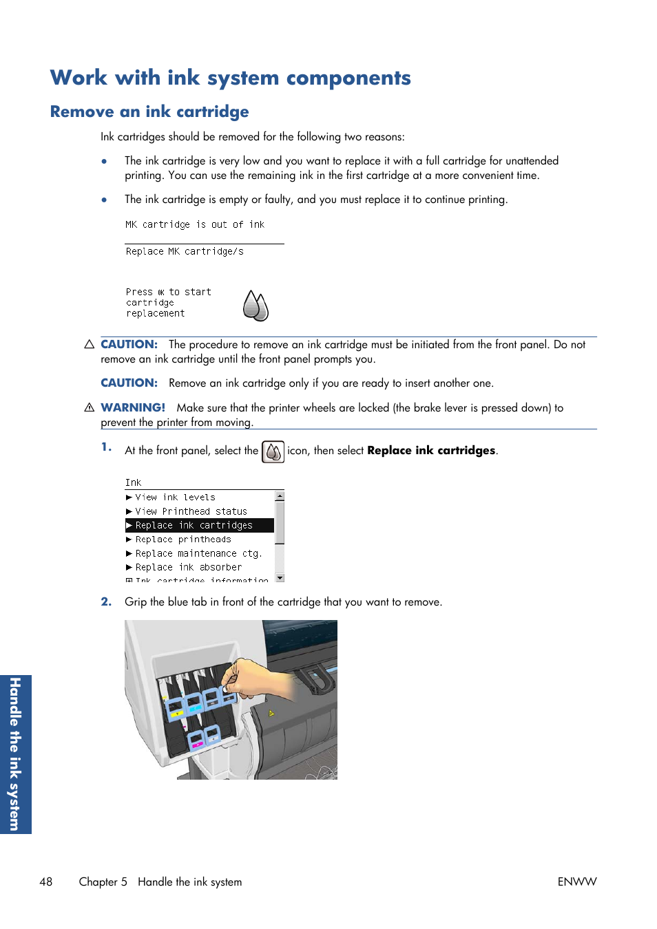 Work with ink system components, Remove an ink cartridge | HP Designjet T7100 Printer series User Manual | Page 56 / 217