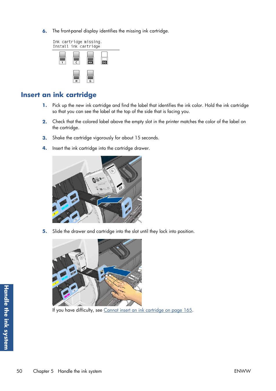 Insert an ink cartridge, Insert an | HP Designjet T7100 Printer series User Manual | Page 58 / 217