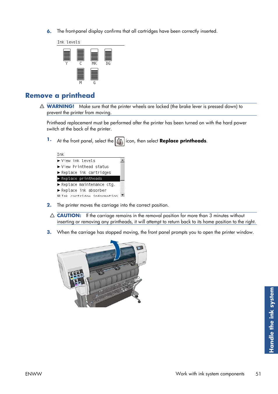 Remove a printhead | HP Designjet T7100 Printer series User Manual | Page 59 / 217