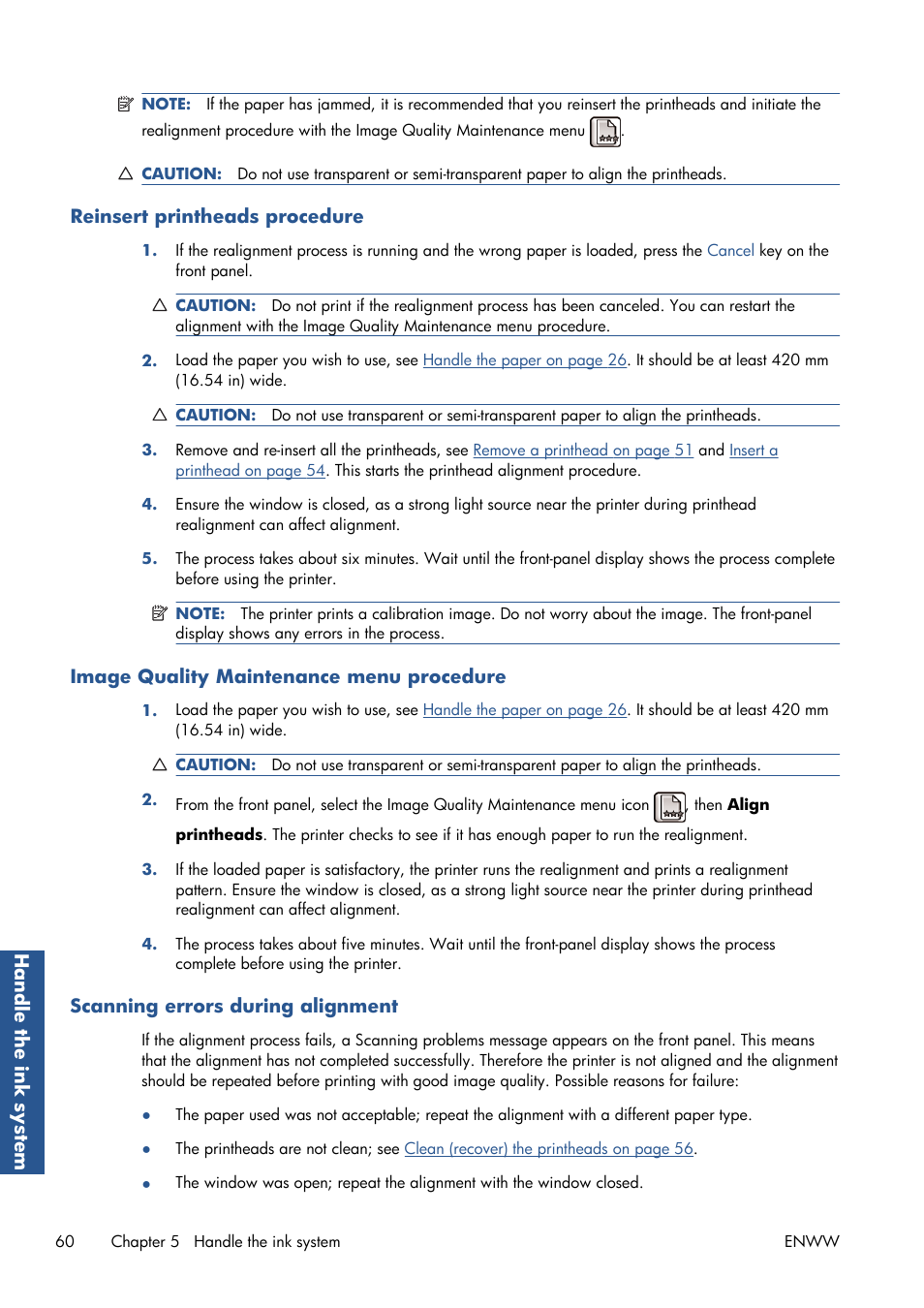 Reinsert printheads procedure, Image quality maintenance menu procedure, Scanning errors during alignment | HP Designjet T7100 Printer series User Manual | Page 68 / 217