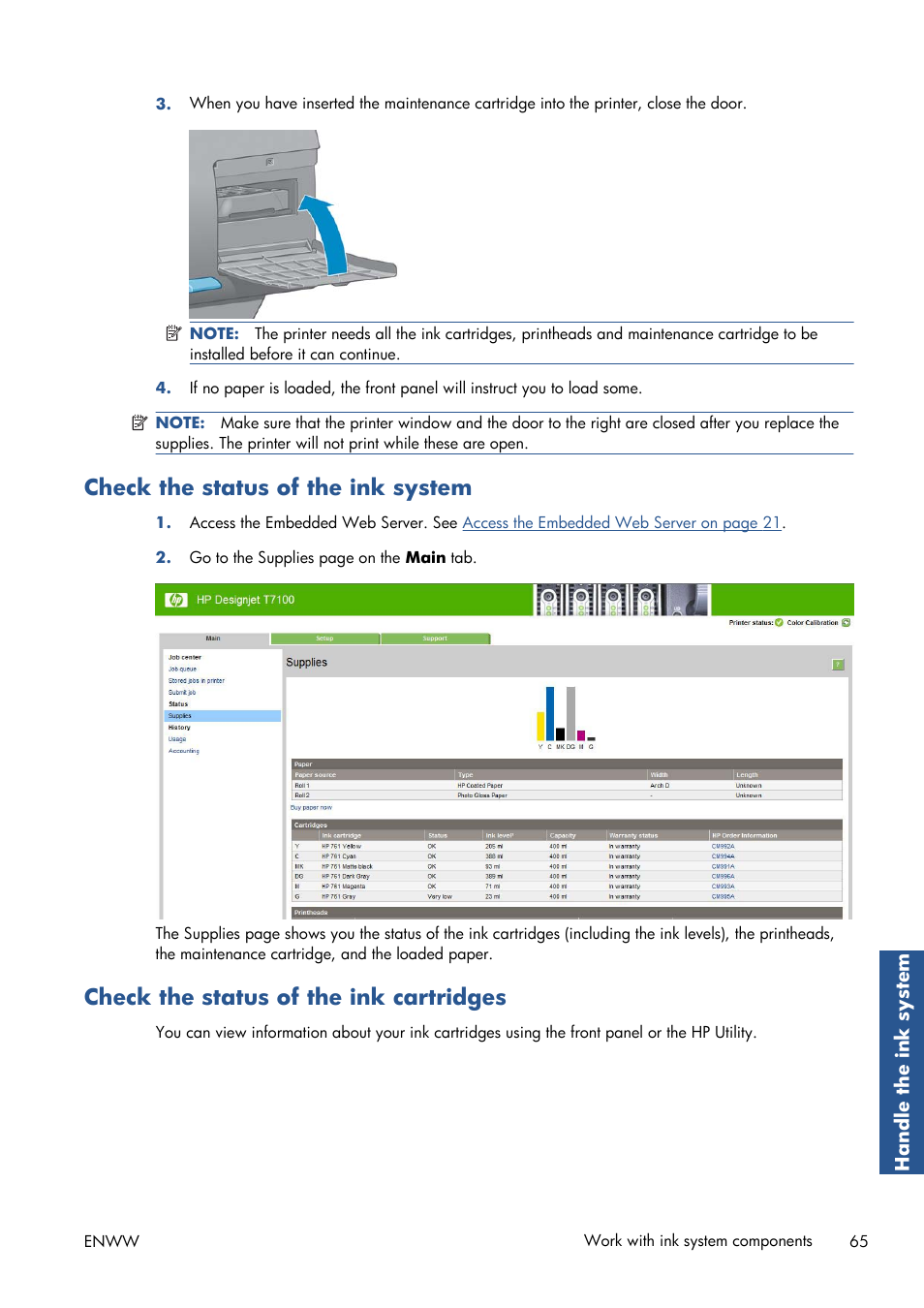 Check the status of the ink system, Check the status of the ink cartridges | HP Designjet T7100 Printer series User Manual | Page 73 / 217