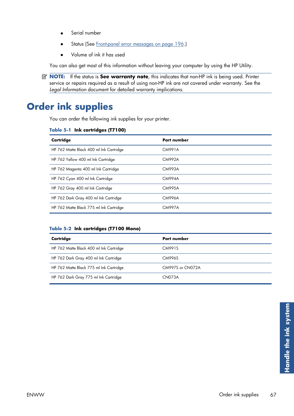 Order ink supplies, Ha nd le the ink sys tem | HP Designjet T7100 Printer series User Manual | Page 75 / 217