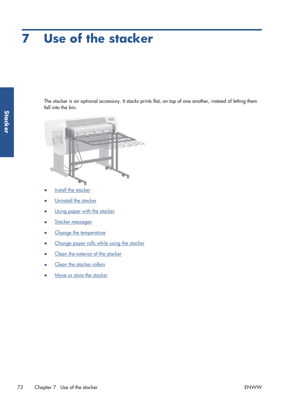 Use of the stacker, 7 use of the stacker | HP Designjet T7100 Printer series User Manual | Page 80 / 217