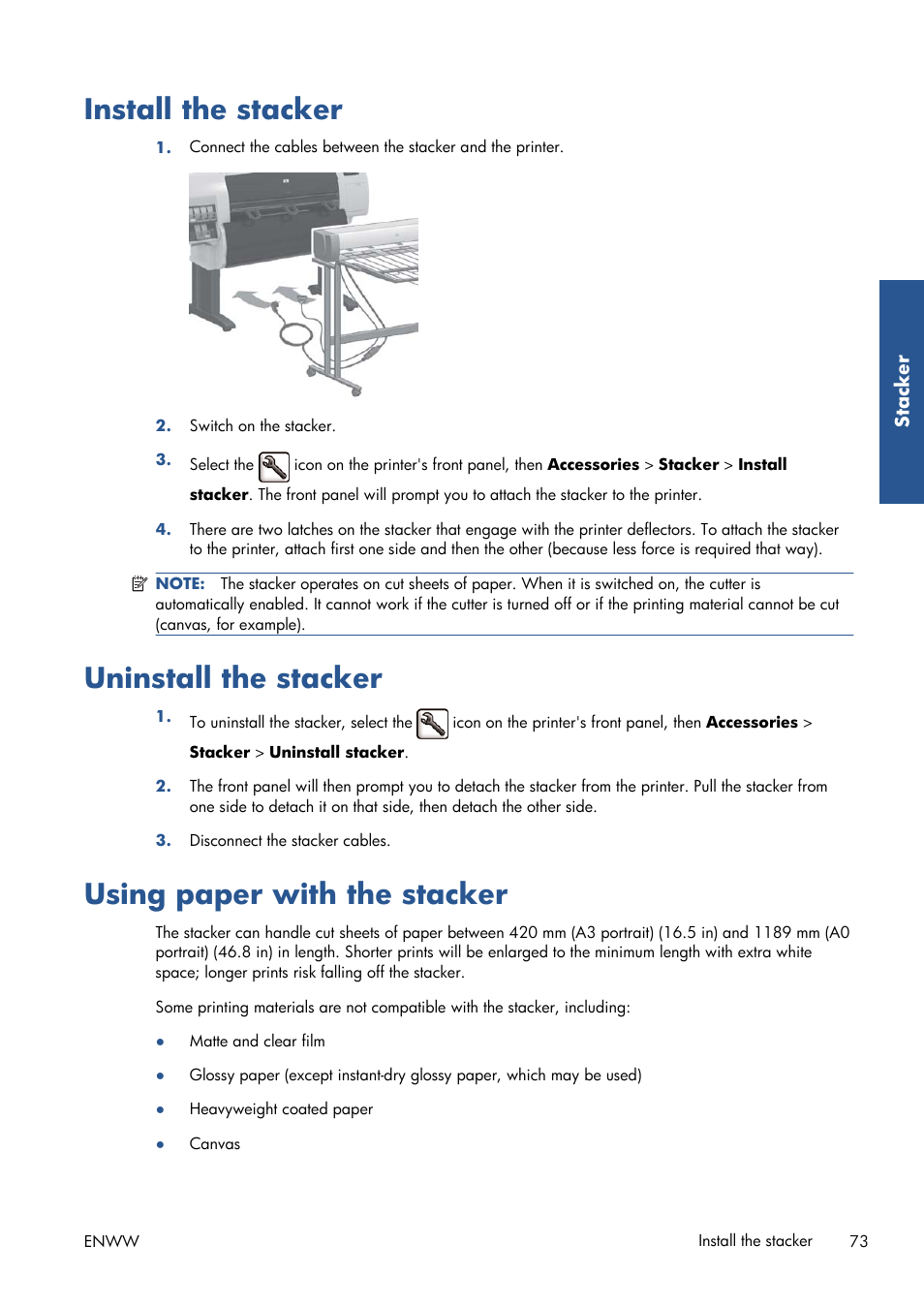Install the stacker, Uninstall the stacker, Using paper with the stacker | HP Designjet T7100 Printer series User Manual | Page 81 / 217