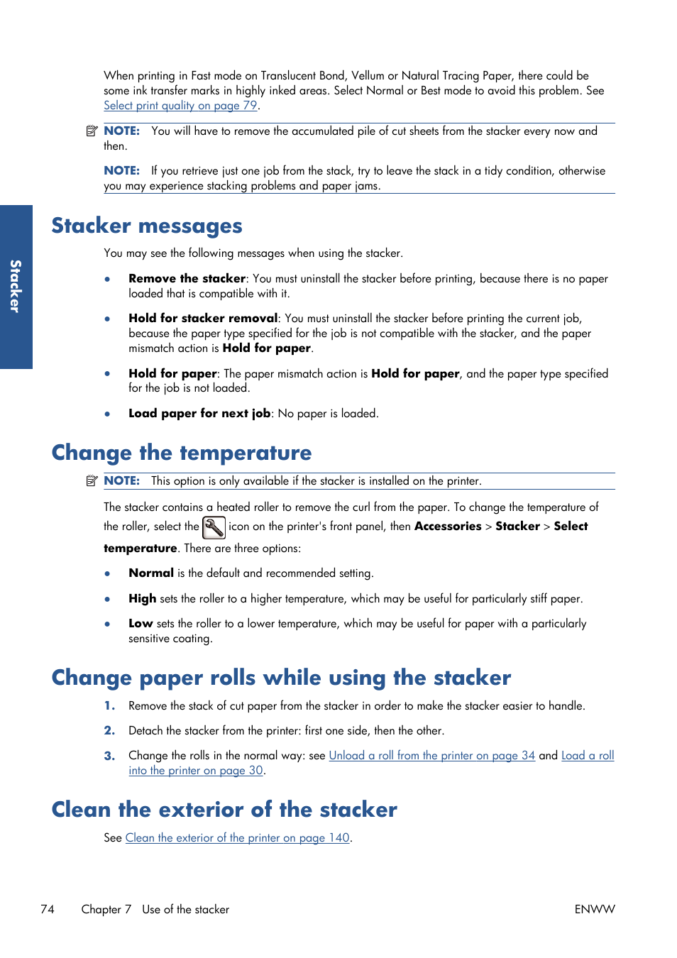 Stacker messages, Change the temperature, Change paper rolls while using the stacker | Clean the exterior of the stacker | HP Designjet T7100 Printer series User Manual | Page 82 / 217