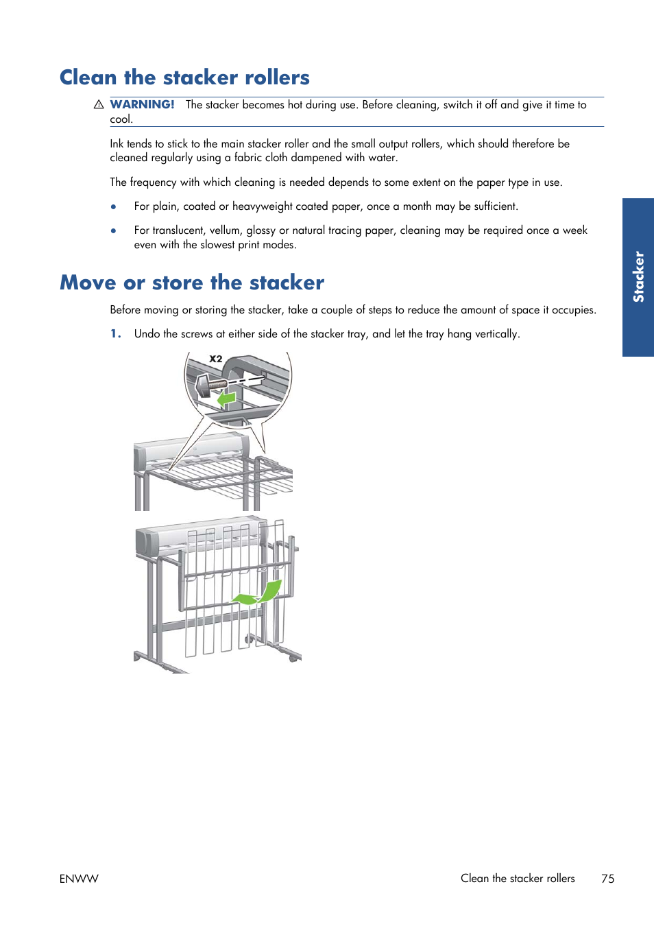 Clean the stacker rollers, Move or store the stacker | HP Designjet T7100 Printer series User Manual | Page 83 / 217
