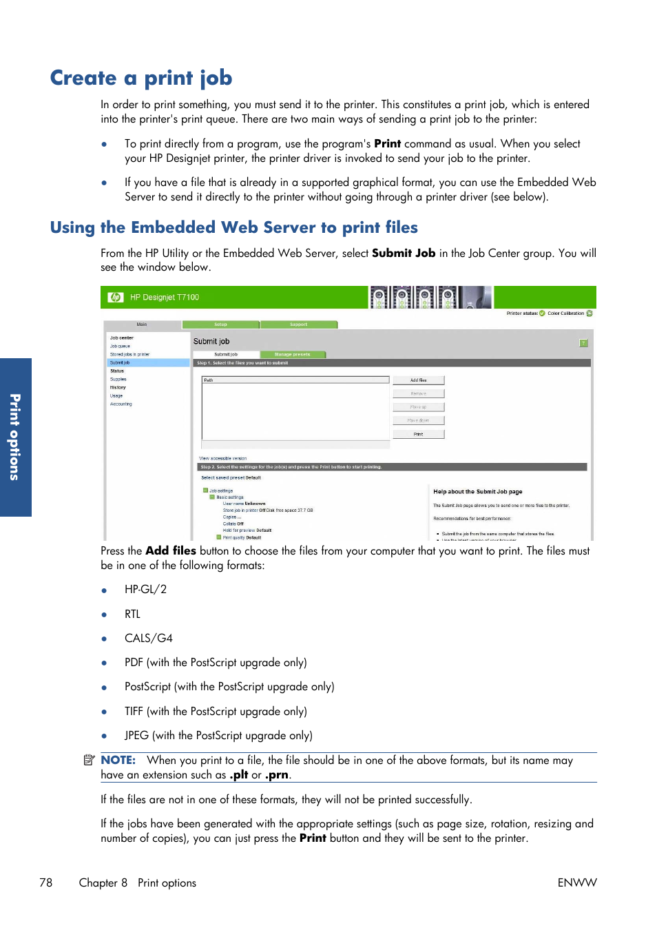 Create a print job, Using the embedded web server to print files | HP Designjet T7100 Printer series User Manual | Page 86 / 217
