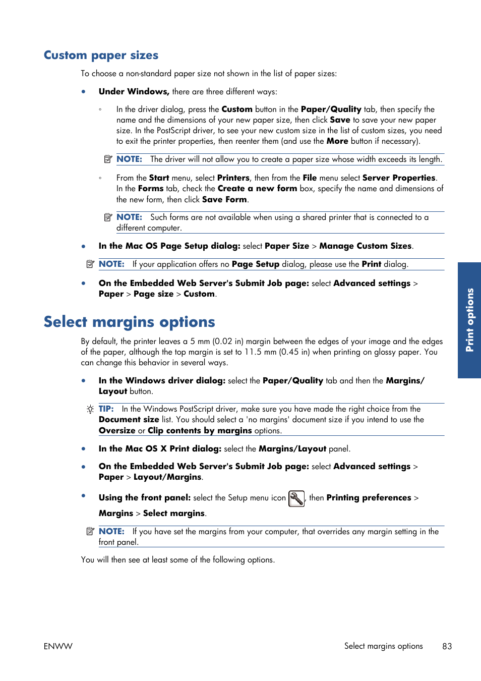 Custom paper sizes, Select margins options | HP Designjet T7100 Printer series User Manual | Page 91 / 217
