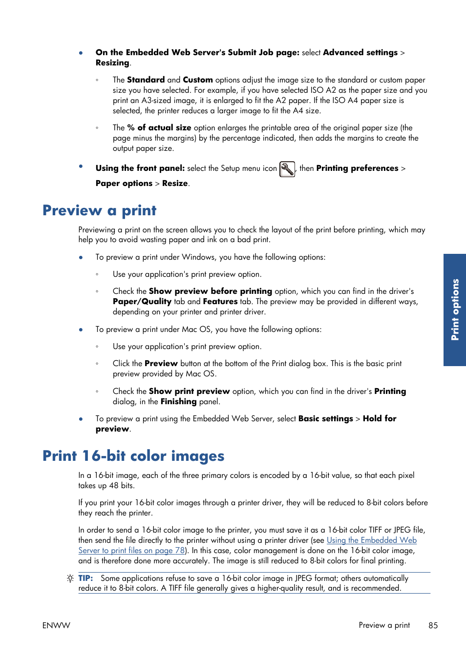 Preview a print, Print 16-bit color images, Preview a print print 16-bit color images | HP Designjet T7100 Printer series User Manual | Page 93 / 217