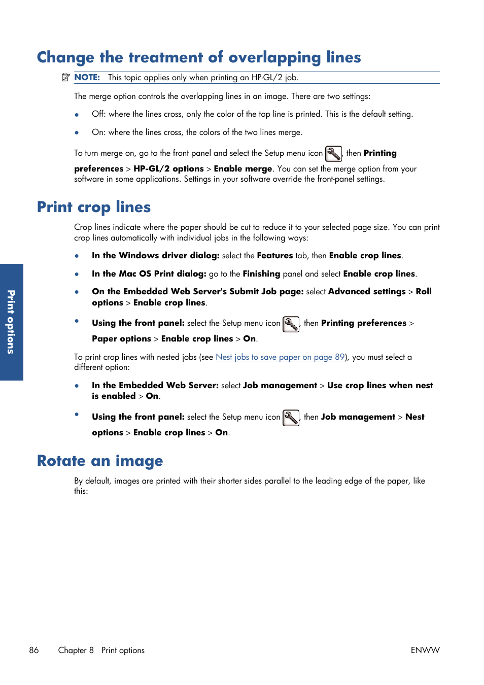 Change the treatment of overlapping lines, Print crop lines, Rotate an image | HP Designjet T7100 Printer series User Manual | Page 94 / 217
