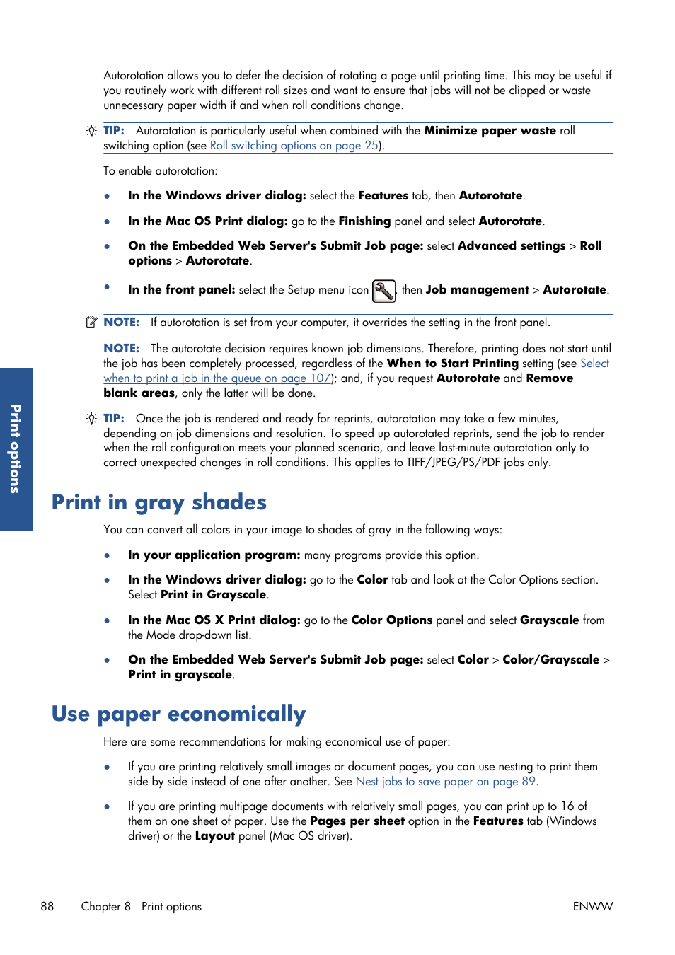 Print in gray shades, Use paper economically, Print in gray shades use paper economically | Rotating or nesting your images. see, Use paper | HP Designjet T7100 Printer series User Manual | Page 96 / 217